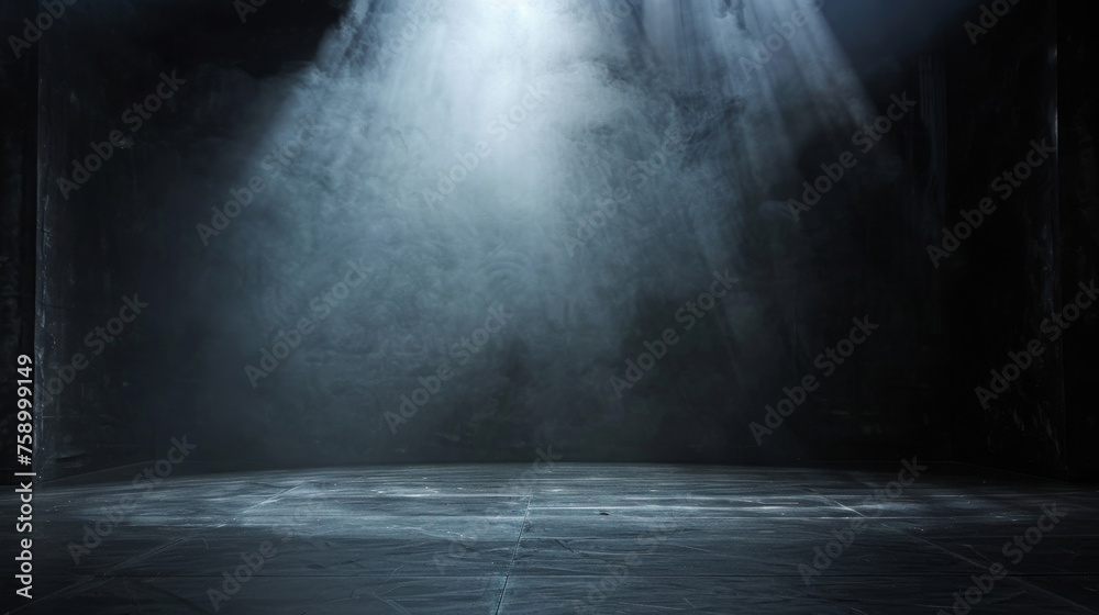 abstract dark blue background illuminated by soft studio light, with an empty stage at the forefront