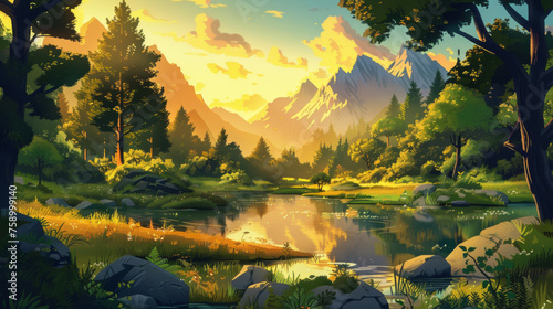 A lush forest in golden light of sunset, with rugged mountains rising in the background and a meandering river reflecting the warm hues of the sky, cartoon scene © Sunday Cat Studio