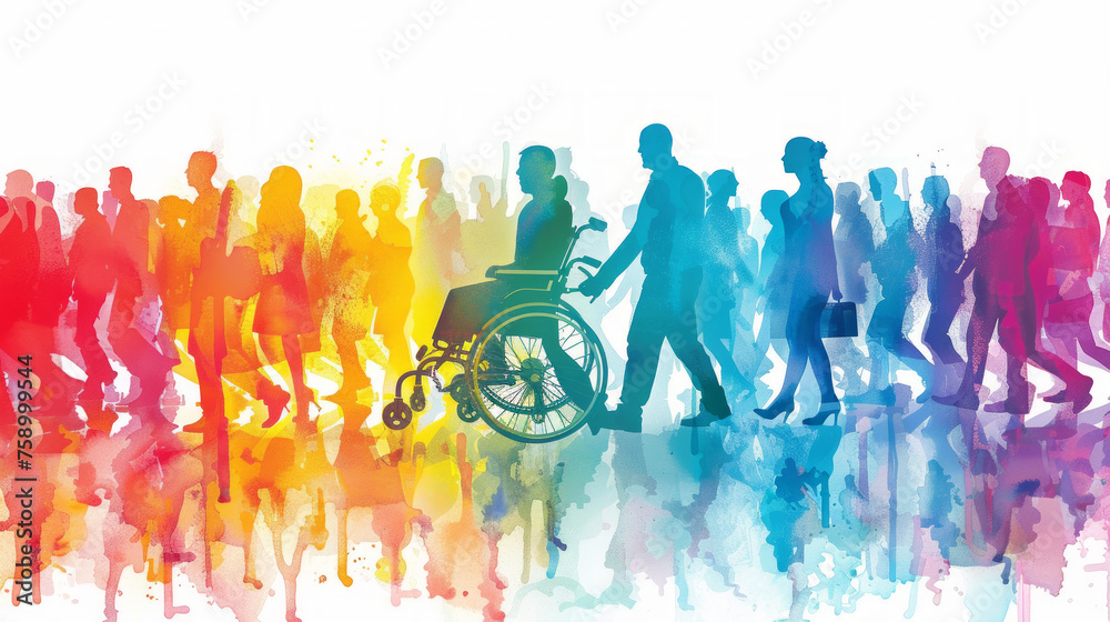 Fototapeta premium acquerello colorato con un gruppo eterogeneo di persone con disabilità, giornata della disabilità, sensibilizzazione per il mondo diversamente abile, autismo