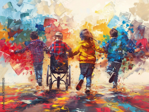 acquerello colorato con un gruppo eterogeneo di  persone con disabilità, giornata della disabilità, sensibilizzazione per il mondo diversamente abile, autismo