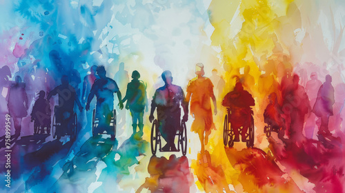 acquerello colorato con un gruppo eterogeneo di  persone con disabilità, giornata della disabilità, sensibilizzazione per il mondo diversamente abile, autismo photo