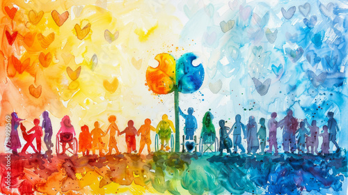 acquerello colorato con un gruppo eterogeneo di  persone con disabilità, giornata della disabilità, sensibilizzazione per il mondo diversamente abile, autismo