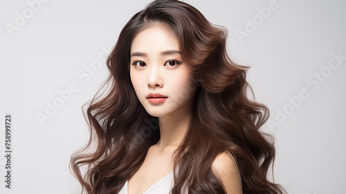 Beautiful Korean girl with long curly hair on a white background. Advertising concept for Korean cosmetics and hair care products, shampoos and hair conditioners.