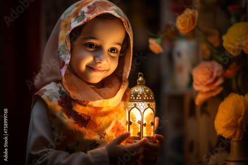 Ramadan cute little Muslim girl in traditional Arabic clothes holding a golden lantern in front of Islamic Arabian traditional background. Eid Greeting card Eid Mubarak. Place for text.