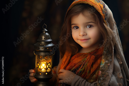Ramadan cute little Muslim girl in traditional Arabic clothes holding a golden lantern in front of Islamic Arabian traditional background. Eid Greeting card Eid Mubarak. Place for text.