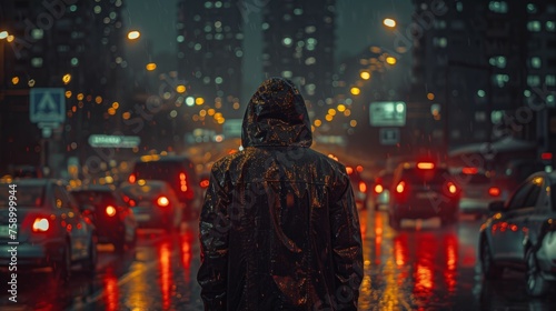 Man in Raincoat Walking Down Night Street