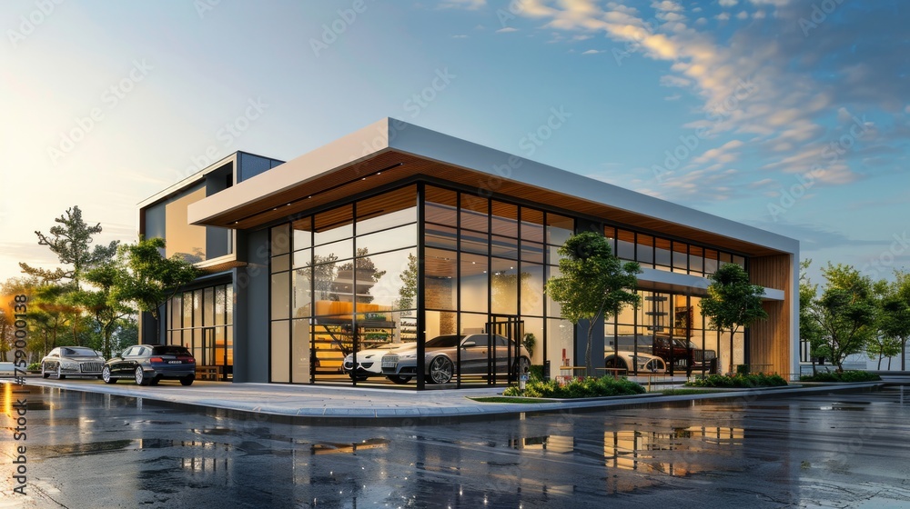 Building of official luxury car dealer and service. Glass Office. Building of official luxury car dealer and service. Glass Office.