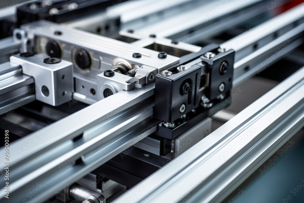 Macro shot highlighting the meticulous design and functionality of a linear rail in a bustling industrial environment Macro shot highlighting the meticulous design and functionality of a linear rail in a bustling industrial environment