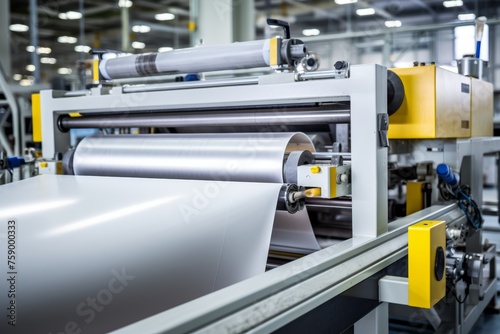 Detailed shot of an industrial laminating machine at work in a bustling factory setting photo