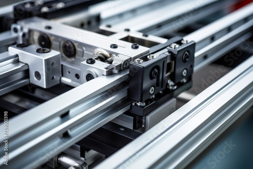 Macro shot highlighting the meticulous design and functionality of a linear rail in a bustling industrial environment