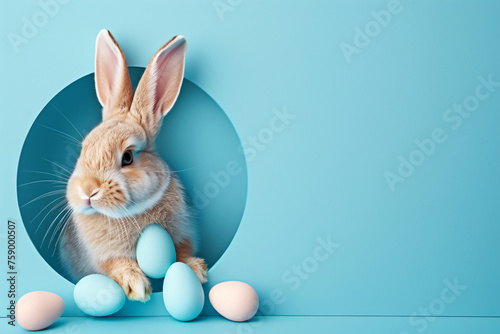 Adorable Easter bunny rabbit pet peeping out from the hole with Easter egg on blue background photo