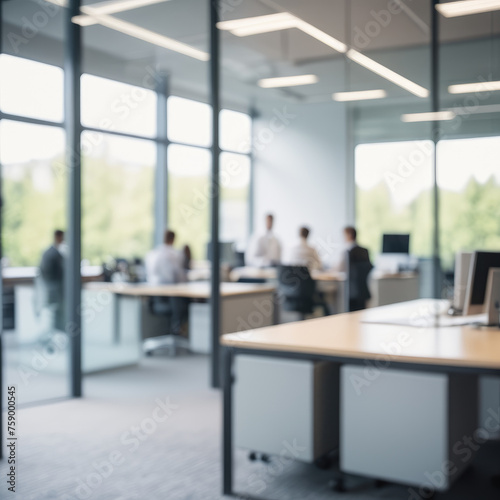 Blurred view through glass of a modern office with people at work. Generated with AI