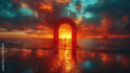 Sun Setting Over Ocean With Large Arch