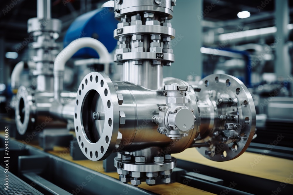 Detailed Perspective of a Ball Valve Amidst Pipes and Gauges in an Industrial Environment