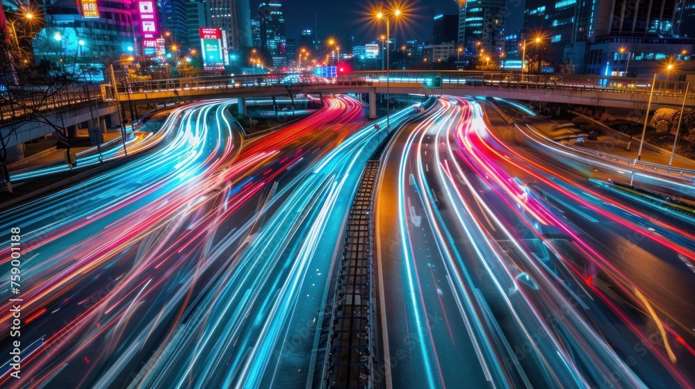 Fast drive moving cars at city road at night with illuminated lights. AI generated image Fast drive moving cars at city road at night with illuminated lights. AI generated image
