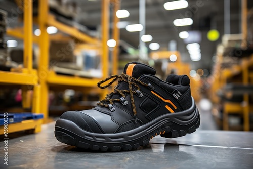 A Close-Up View of a Robust Safety Shoe on the Concrete Floor of an Industrial Manufacturing Unit © aicandy