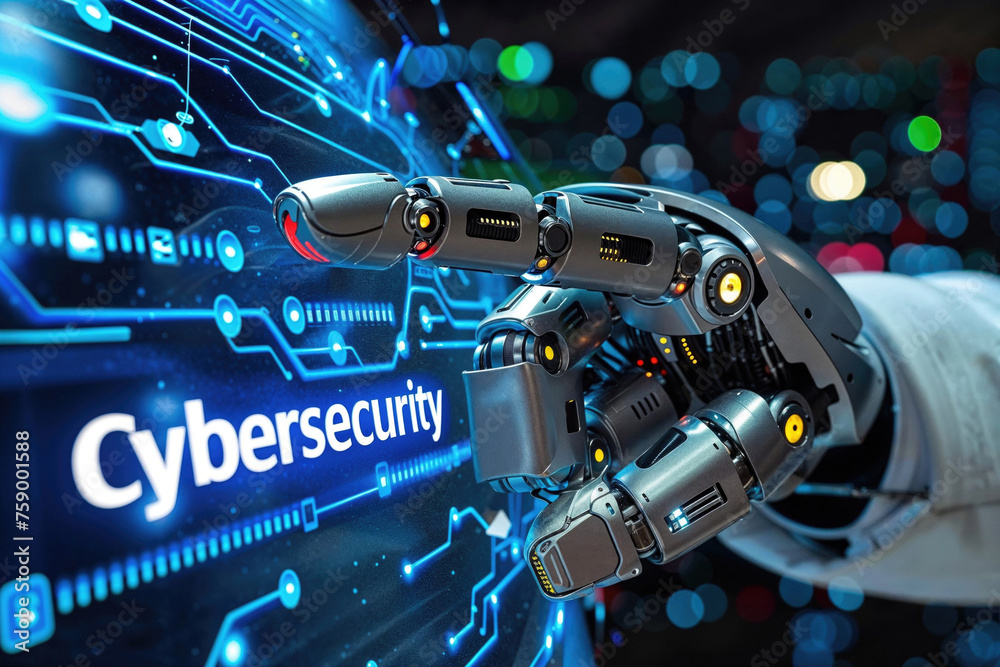 . Cybersecurity and cybercrime concept Robotic hand trying to improve cybersecurity