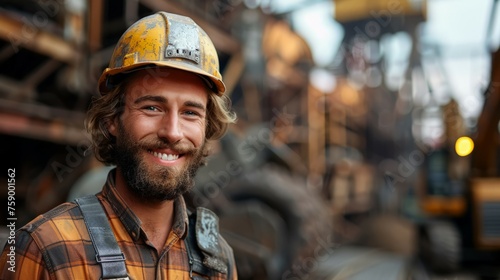 Smiling Construction Worker With Beard in Hard Hat