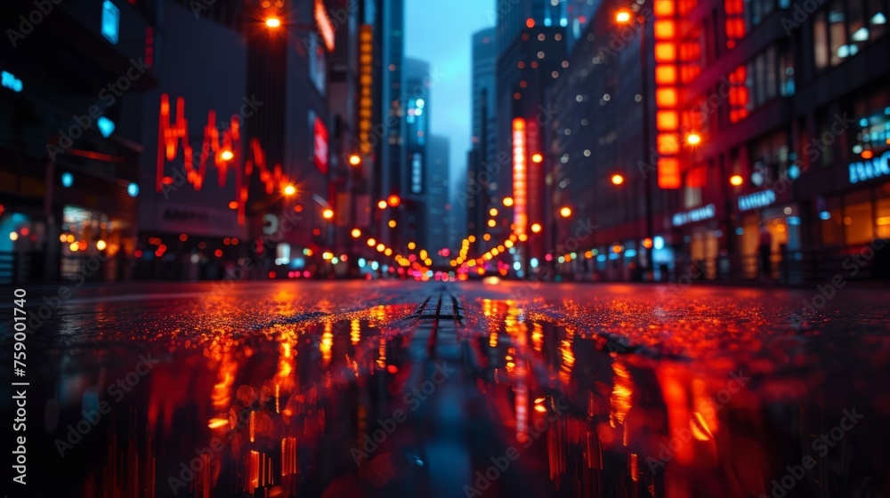 Night City Street With Reflecting Lights