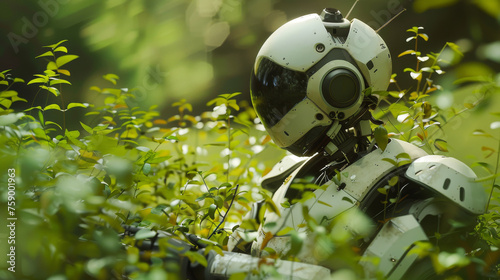A robot is in a forest with green leaves. Technology help create sustainable enviornment and military robot concept