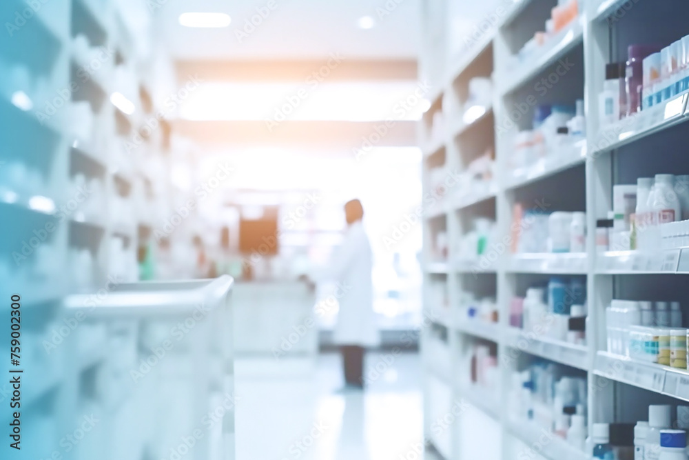 Pharmacy drugstore shelves interior blur medical background