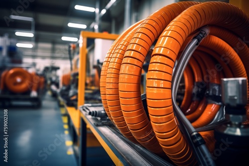 Detailed shot of an industrial-grade hose in a busy factory setting with machinery and laborers in the background photo