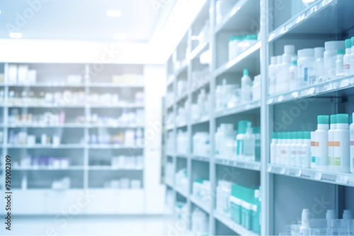 Pharmacy drugstore shelves interior blur medical background photo