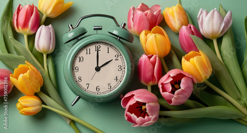 Vintage alarm clock with colorful flowers. Spring time concept. 