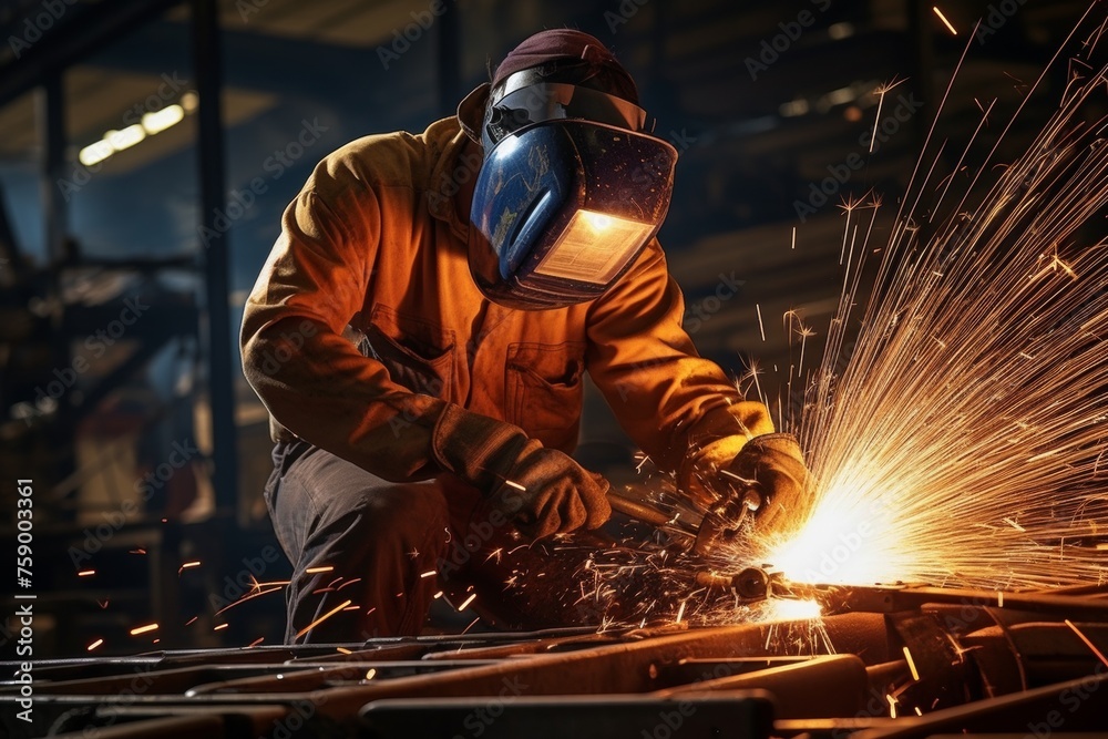 A dedicated craftsman expertly handling a scarfing torch amidst the hum of industrial machinery A dedicated craftsman expertly handling a scarfing torch amidst the hum of industrial machinery