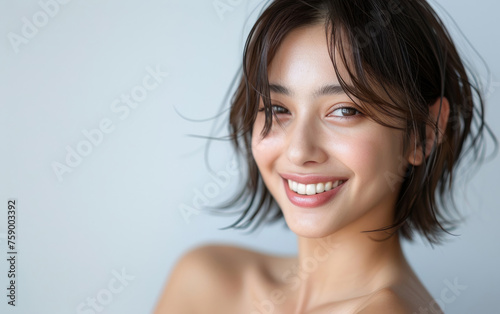 A cheerful young Japanese woman with a bright smile poses against a gentle blue backdrop. Her short, wavy hair frames her face as she gazes slightly to the side