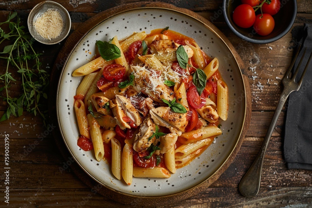 Penne pasta in tomato sauce with chicken and tomato Penne pasta in tomato sauce with chicken and tomato