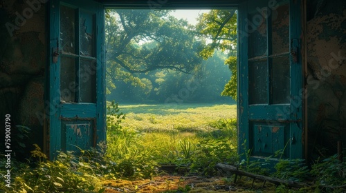 Open Door to Lush Green Field