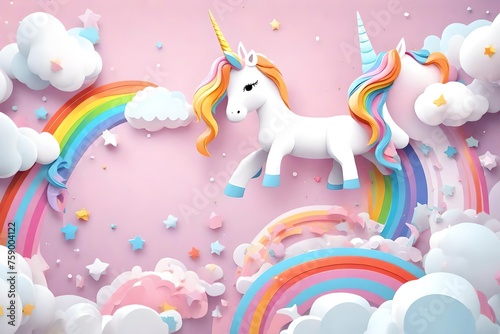  Abstract 3d unicorn and rainbow on clouds, cute unicorn background, mother and baby store background, kids room wallpaper, kindergarten wallpaper, children's book illustration