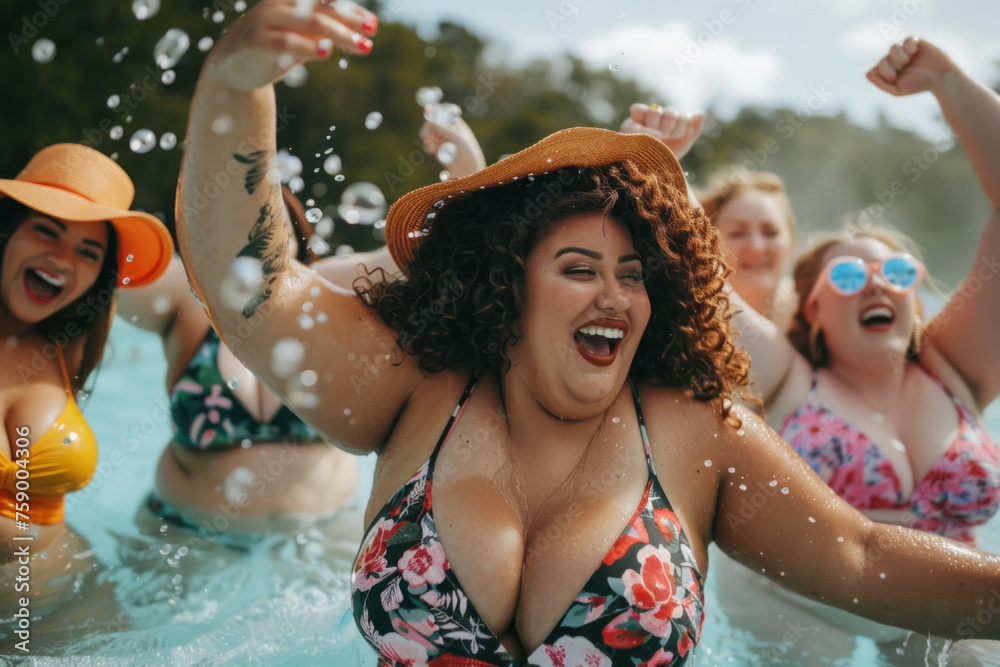Group of Joyful plus size Women Enjoying a Summer Pool Party Together