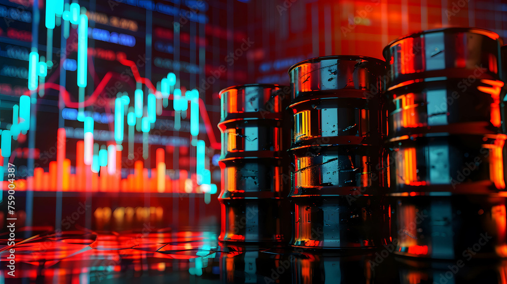 Obraz premium Black oil barrels or cans in the background is stock and currency market chart, one of the world's most traded commodities and is vital to the economy