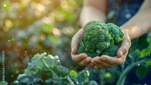 Gardener's hands holding broccoli, organic product from farm