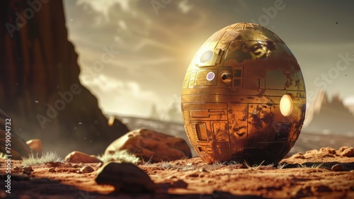 Futuristic robotic sphere in a desert terrain - A highly-detailed image of a weathered spherical robot against a rough desert backdrop, suggesting themes of exploration and technology photo