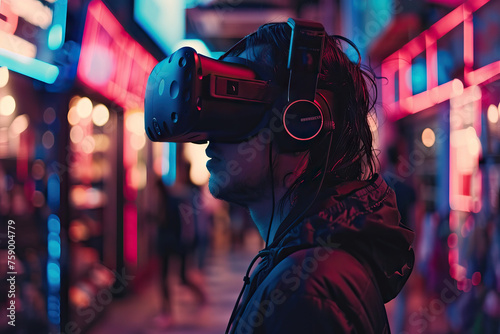 man Exploring Virtual Reality in a Neon-Lit Digital Art Installation