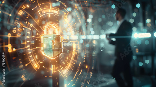 Hologram of security padlock and businessman behind, safety and data protection in the online and cyber concept, digital asset and blockchain technology security