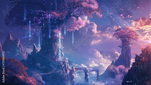 Mystical Ancient Tree with Starlight Canopy - An enchanting scene with an ancient tree lit by starlight amidst cloud-wrapped ruins and waterfalls