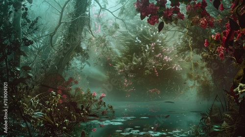 Mystical forest with pink flowers and mist - An ethereal scene of a misty forest blooming with pink flowers  creating a mood of mystery and enchantment