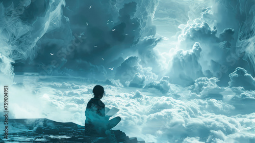 Person observing majestic cloud formations - A contemplative figure sits in solitude, overwhelmed by the awe-inspiring scale of the majestic cloud formations above