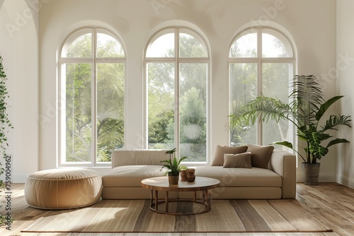 Mid-century style interior design of a modern living room featuring a beige sofa and pouf positioned near a round coffee table against arched windows.