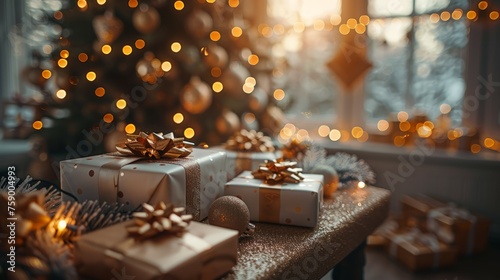 Christmas Presents on Table by Christmas Tree