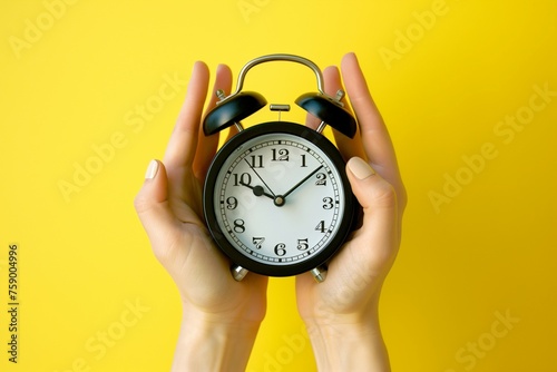 A woman holding an alarm clock in her hands photo