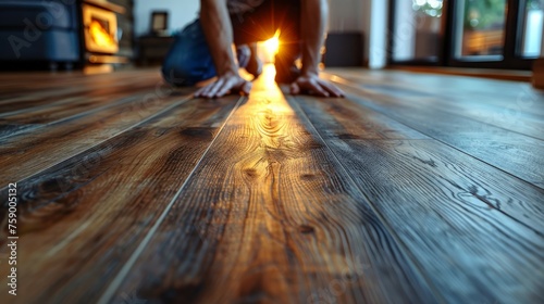 Person Kneeling on Wooden Floor photo