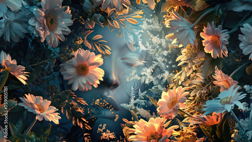 Surreal face blended with blooming flowers - A serene face emerges amid vivid flowers  embodying a harmony between humanity and nature in this surreal composition