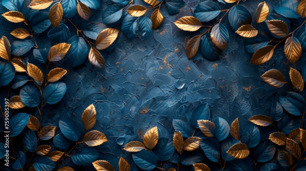 Dark Blue Background With Gold Leaves