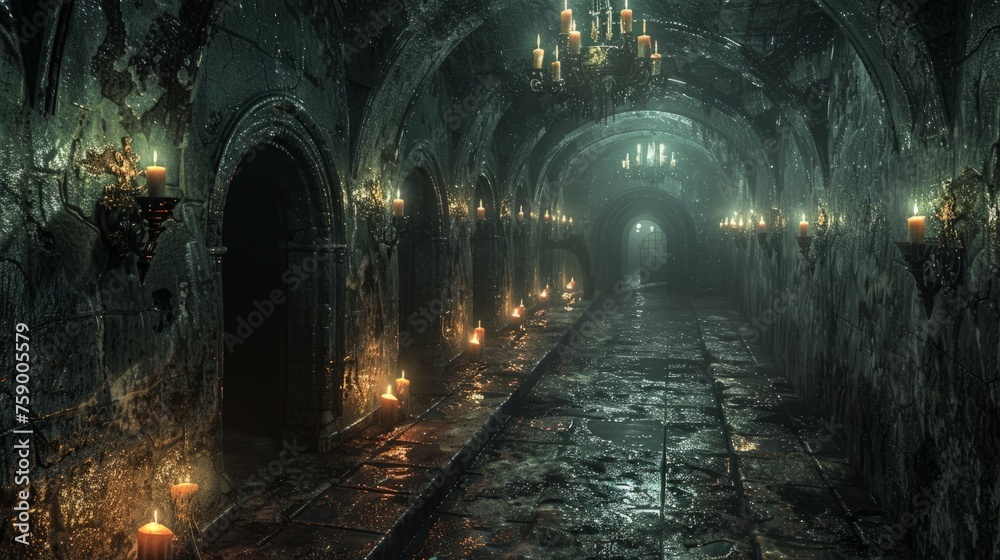 Dimly Lit Tunnel With Candles and Chandeliers
