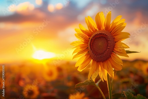 A large sunflower in a field of sunflowers